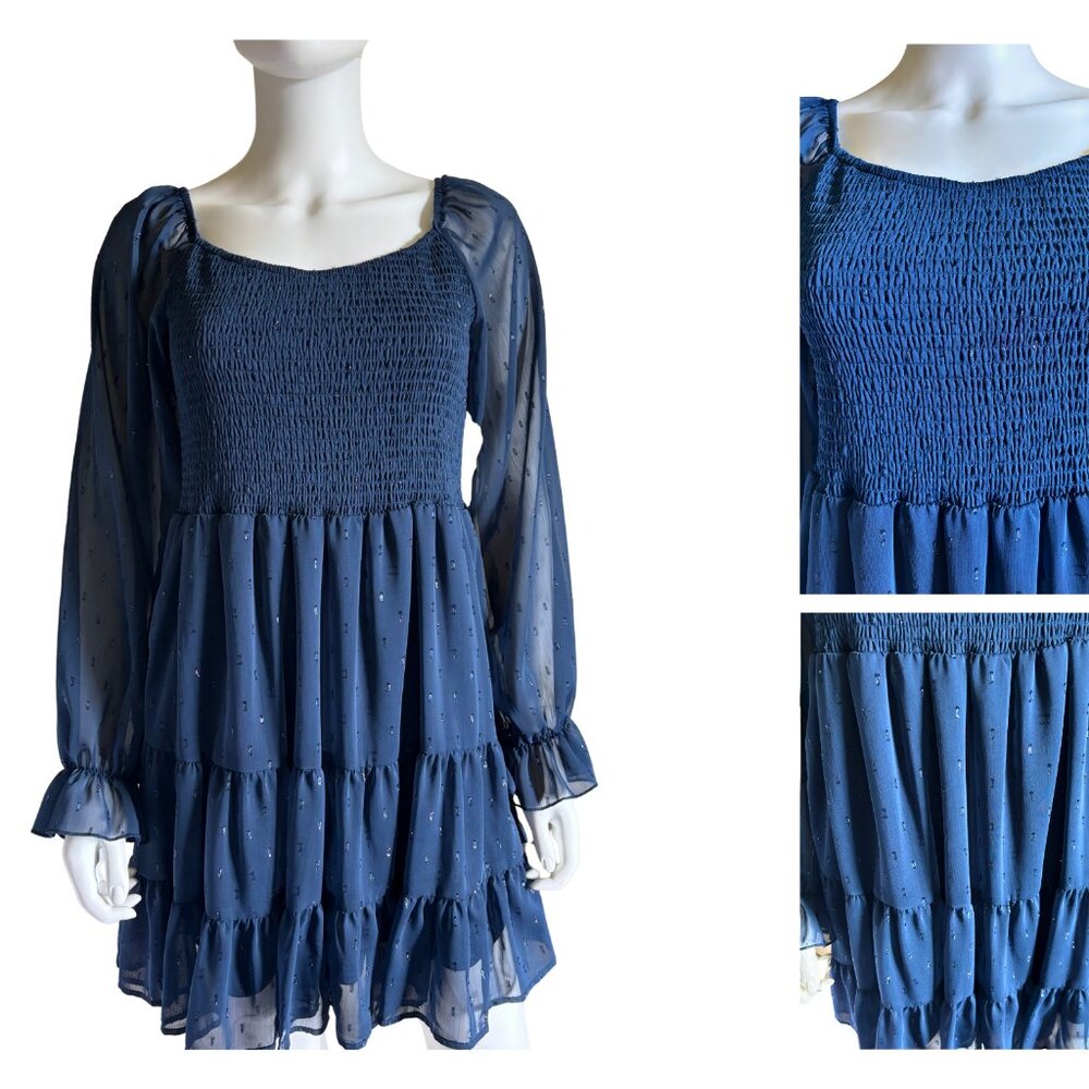 Altar’d State Blue Smocked Long Sleeve Tiered Mini Dress Size M – Lined Boho Fit